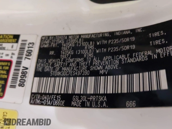 2014 Toyota Sienna SE with VIN 5TDXK3DC7ES497390, listed as a IAAI auction lot 42037096 with 169,127 mi miles and . Bid and sale history available at DreamBid. Image 9.