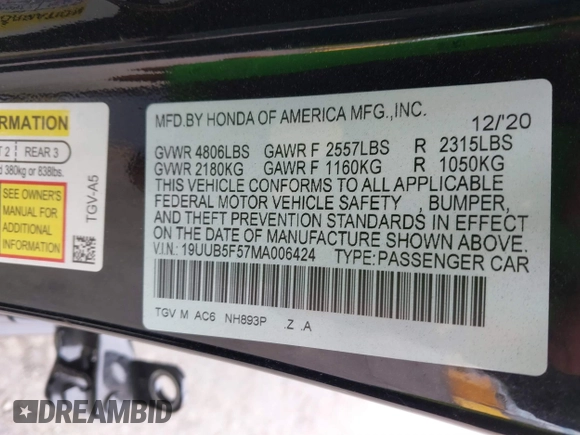 2021 Acura TLX w/A-Spec Package with VIN 19UUB5F57MA006424, listed as a IAAI auction lot 41558729 with 1 mi miles. Bid and sale history available at carsss.com. Image 9.