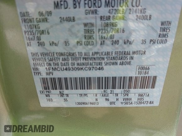 2009 Ford Escape Hybrid with VIN 1FMCU49309KC97046, listed as a IAAI auction lot 42447581 with 86,440 mi miles and . Bid and sale history available at DreamBid. Image 9.