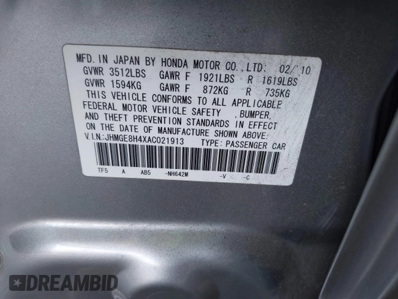 2010 Honda Fit Sport with VIN JHMGE8H4XAC021913, listed as a IAAI auction lot 42607154 with 193,529 mi miles and . Bid and sale history available at DreamBid. Image 9.