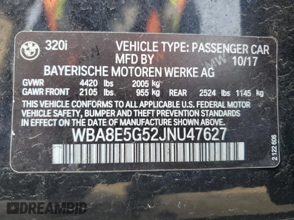 2018 BMW 3 Series 320i xDrive with VIN WBA8E5G52JNU47627, listed as a Copart auction lot 46192395 with 61,349 mi miles and Salvage Title. Bid and sale history available at carsss.com. Image 12.