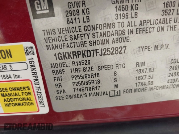 2015 GMC Acadia SLE с VIN 1GKKRPKD7FJ252827, выставлен на аукционе IAAI как лот 42260198 с пробегом 97 009 миль миль и . История ставок и продаж доступна на DreamBid. Изображение 9.