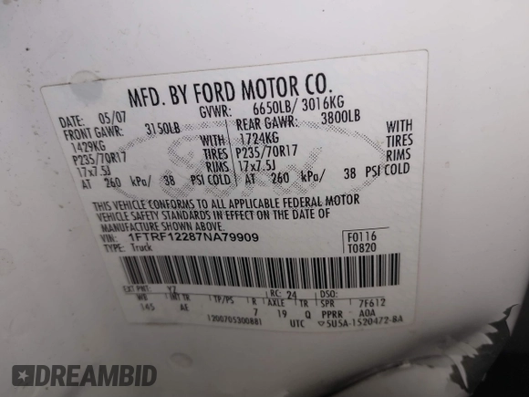 2007 Ford F-150 XL with VIN 1FTRF12287NA79909, listed as a IAAI auction lot 41432103 with 0 mi miles. Bid and sale history available at carsss.com. Image 9.