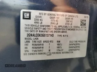 2016 Chevrolet Equinox LT z VIN 2GNALCEK3G6137143, wystawiony jako Copart lot #59099065 z przebiegiem 95 508 mil mil oraz Szkoda całkowita • Salvage title. Historia ofert i sprzedaży dostępna na DreamBid. Obrazek 12.