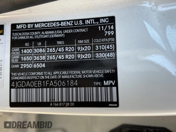2015 Mercedes-Benz M with VIN 4JGDA0EB1FA506184, listed as a Copart auction lot 55699125 with 139,438 mi miles and Clean Title. Bid and sale history available at carsss.com. Image 10.