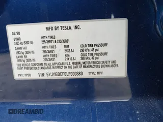 2020 Tesla Model Y Long Range with VIN 5YJYGDEF0LF000380, listed as a IAAI auction lot 41867489 with 66,294 mi miles and . Bid and sale history available at DreamBid. Image 9.