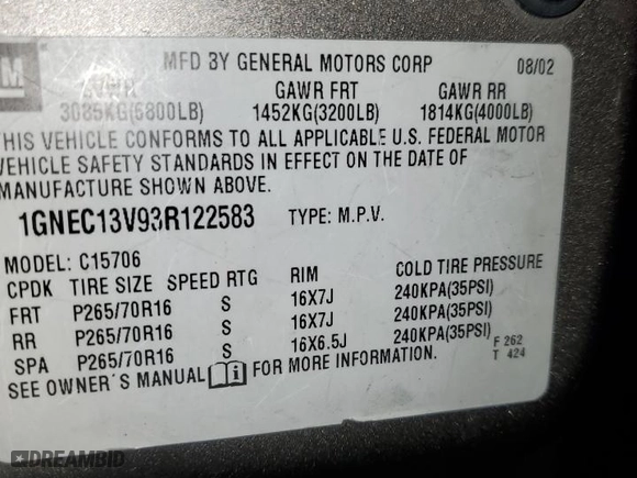 2003 Chevrolet Tahoe LS with VIN 1GNEC13V93R122583, listed as a Copart auction lot 86216814 with 0 mi miles and Non Repairable. Bid and sale history available at carsss.com. Image 12.