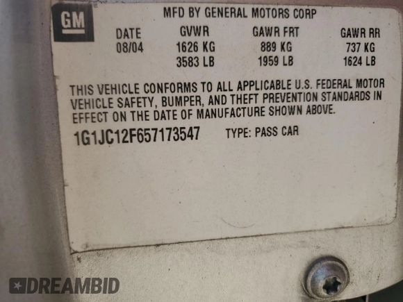 2005 Chevrolet Cavalier with VIN 1G1JC12F657173547, listed as a Copart auction lot 56559575 with 160,550 mi miles and Salvage title. Bid and sale history available at DreamBid. Image 13.