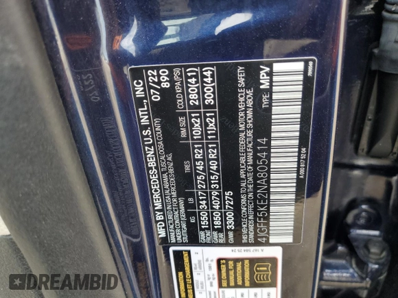 2022 Mercedes-Benz GLS 450 with VIN 4JGFF5KE2NA805414, listed as a Copart auction lot 50157484 with 18,903 mi miles and Salvage Title. Bid and sale history available at DreamBid. Image 14.
