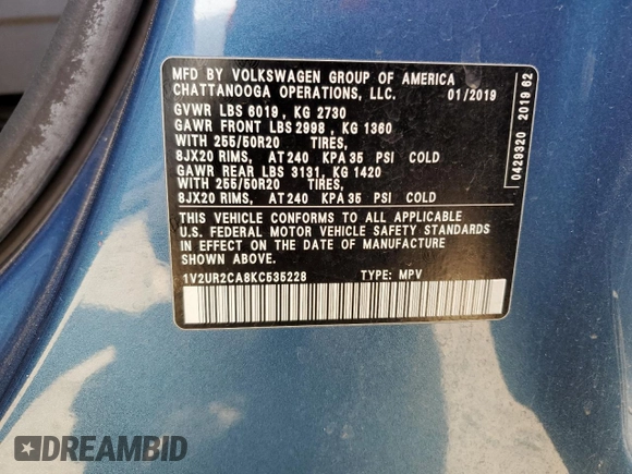 2019 Volkswagen Atlas SE z VIN 1V2UR2CA8KC535228, wystawiony jako Copart lot #57141415 z przebiegiem 54 742 mil mil oraz Szkoda całkowita • Salvage title. Historia ofert i sprzedaży dostępna na DreamBid. Obrazek 13.