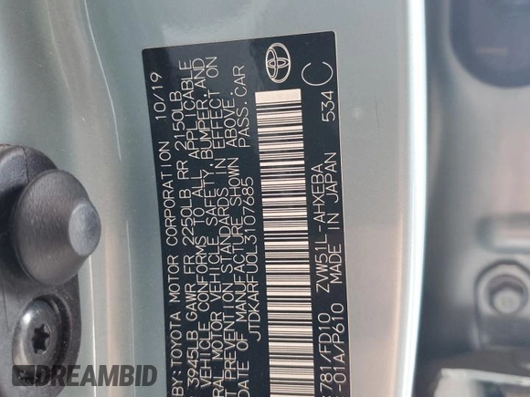 2020 Toyota Prius L Eco with VIN JTDKARFU0L3107685, listed as a Copart auction lot 63806495 with 32,900 mi miles and Salvage title. Bid and sale history available at DreamBid. Image 12.