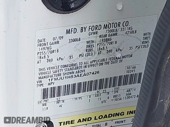 2010 Ford Expedition Eddie Bauer with VIN 1FMJU1H53AEA07426, listed as a IAAI auction lot 42072928 with 216,112 mi miles and . Bid and sale history available at DreamBid. Image 9.