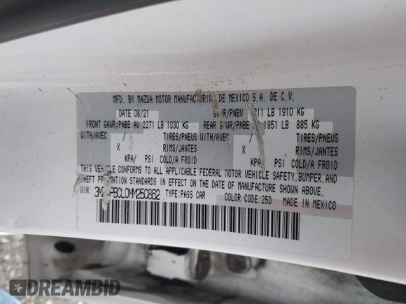 2021 Mazda 3 Preferred z VIN 3MZBPBCL0MM250862, wystawiony jako IAAI lot #42318612 z przebiegiem 86 056 mil mil oraz . Historia ofert i sprzedaży dostępna na DreamBid. Obrazek 9.
