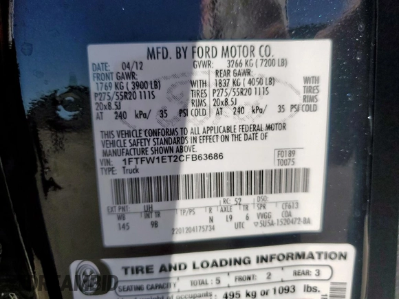 2012 Ford F-150 XL with VIN 1FTFW1ET2CFB63686, listed as a Copart auction lot 53843035 with 187,957 mi miles and Salvage Title. Bid and sale history available at carsss.com. Image 12.