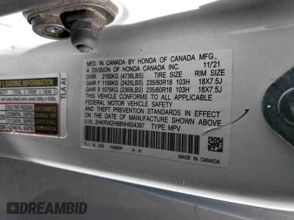 2022 Honda CR-V EX-L with VIN 2HKRW2H88NH604367, listed as a Copart auction lot 49181585 with 61,488 mi miles and Non repairable. Bid and sale history available at DreamBid. Image 15.