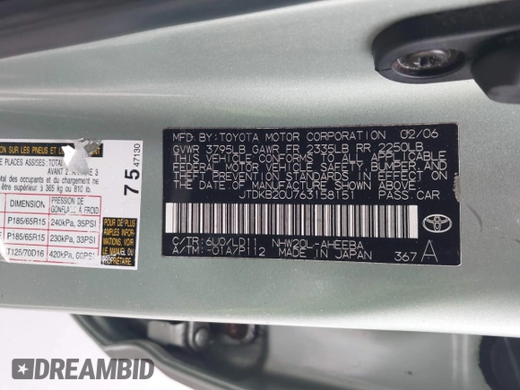2006 Toyota Prius with VIN JTDKB20U763158151, listed as a IAAI auction lot 41637561 with 223,156 mi miles. Bid and sale history available at carsss.com. Image 9.