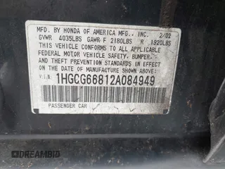 2002 Honda Accord SE z VIN 1HGCG66812A084949, wystawiony jako IAAI lot #42081536 z przebiegiem 309 920 mil mil oraz . Historia ofert i sprzedaży dostępna na DreamBid. Obrazek 9.