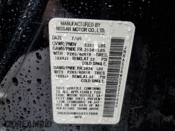 2005 Infiniti FX z VIN JNRAS08W05X217666, wystawiony jako Copart lot #37808544 z przebiegiem 172 472 mil mil oraz Szkoda całkowita • Salvage title. Historia ofert i sprzedaży dostępna na DreamBid. Obrazek 12.