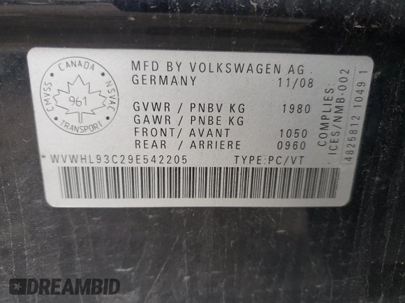 2009 Volkswagen CC with VIN WVWHL93C29E542205, listed as a Copart auction lot 82778474 with 281,815 mi miles and Clean Title. Bid and sale history available at DreamBid. Image 12.