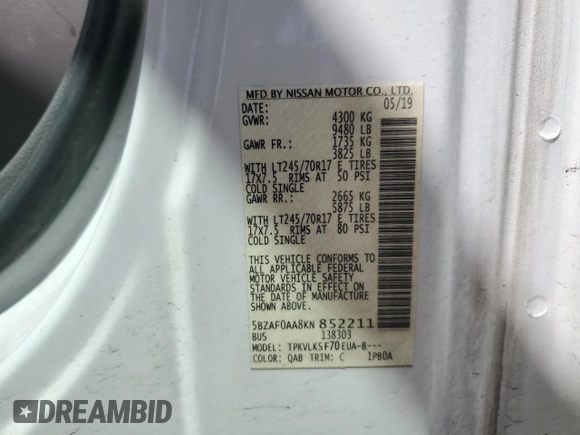 2019 Nissan NV 3500 HD SL с VIN 5BZAF0AA8KN852211, выставлен на аукционе Copart как лот 56052445 с пробегом 118 540 миль миль и Списание • Salvage title. История ставок и продаж доступна на DreamBid. Изображение 14.