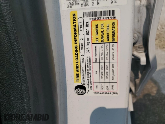 2019 Ford Fusion Titanium with VIN 3FA6P0K91KR217096, listed as a Copart auction lot 57796185 with 84,128 mi miles and Salvage title. Bid and sale history available at DreamBid. Image 12.