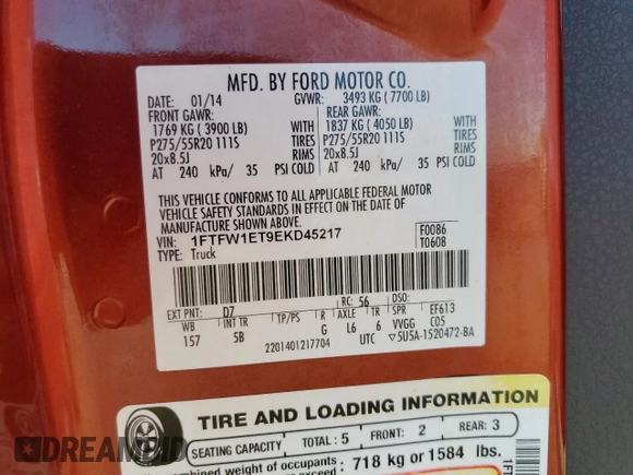 2014 Ford F-150 XL with VIN 1FTFW1ET9EKD45217, listed as a Copart auction lot 85285424 with 154,135 mi miles and Salvage title. Bid and sale history available at DreamBid. Image 14.