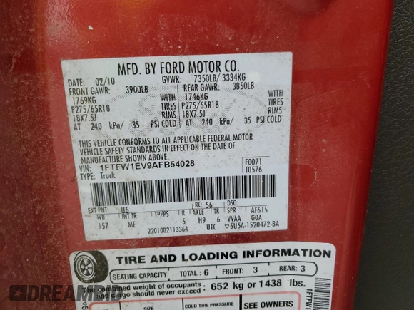 2010 Ford F-150 XL with VIN 1FTFW1EV9AFB54028, listed as a Copart auction lot 44244155 with 158,050 mi miles and Salvage Title. Bid and sale history available at carsss.com. Image 13.