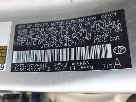 2004 Toyota Prius with VIN JTDKB20U240091747, listed as a IAAI auction lot 41622586 with 241,365 mi miles. Bid and sale history available at carsss.com. Image 9.