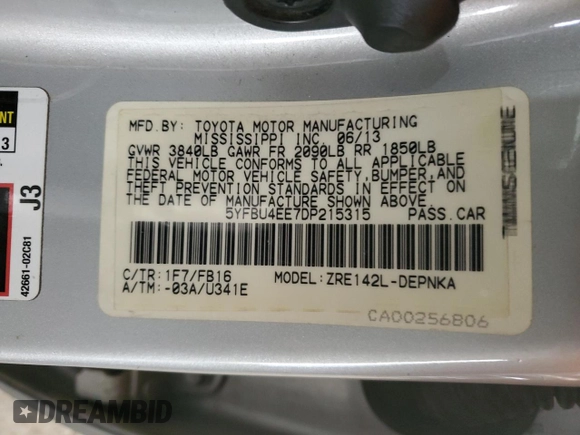 2013 Toyota Corolla L with VIN 5YFBU4EE7DP215315, listed as a Copart auction lot 48957545 with 78,356 mi miles and Salvage Title. Bid and sale history available at carsss.com. Image 14.