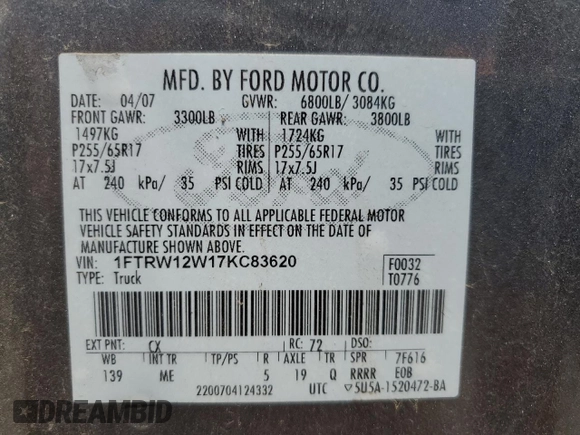 2007 Ford F-150 XLT with VIN 1FTRW12W17KC83620, listed as a Copart auction lot 62362235 with Not provided miles and Salvage title. Bid and sale history available at DreamBid. Image 13.