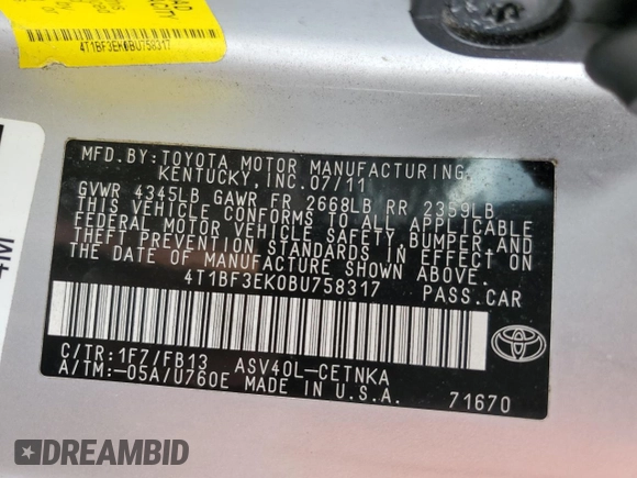2011 Toyota Camry LE with VIN 4T1BF3EK0BU758317, listed as a Copart auction lot 48827724 with 117,705 mi miles and Salvage Title. Bid and sale history available at DreamBid. Image 12.
