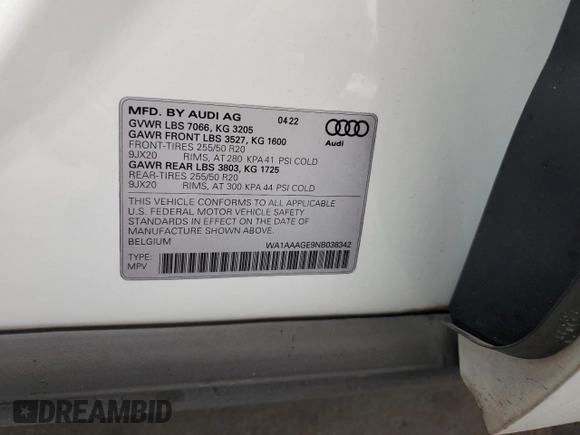 2022 Audi e-tron Premium with VIN WA1AAAGE9NB038342, listed as a Copart auction lot 46429375 with 39,636 mi miles and Non Repairable. Bid and sale history available at DreamBid. Image 13.