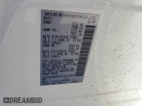 2017 Nissan Pathfinder S with VIN 5N1DR2MN0HC637193, listed as a Copart auction lot 62179085 with 152,237 mi miles and Clean title. Bid and sale history available at DreamBid. Image 13.