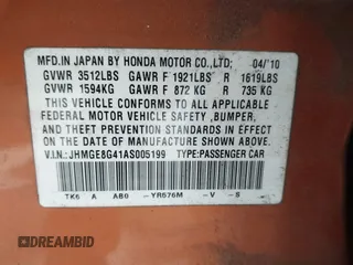 2010 Honda Fit Sport with VIN JHMGE8G41AS005199, listed as a IAAI auction lot 42272621 with 205,682 mi miles and . Bid and sale history available at DreamBid. Image 9.