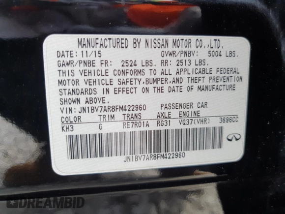 2015 Infiniti Q50 Premium z VIN JN1BV7AR8FM422960, wystawiony jako Copart lot #56393115 z przebiegiem 177 379 mil mil oraz Szkody całkowita. Historia ofert i sprzedaży dostępna na DreamBid. Obrazek 12.