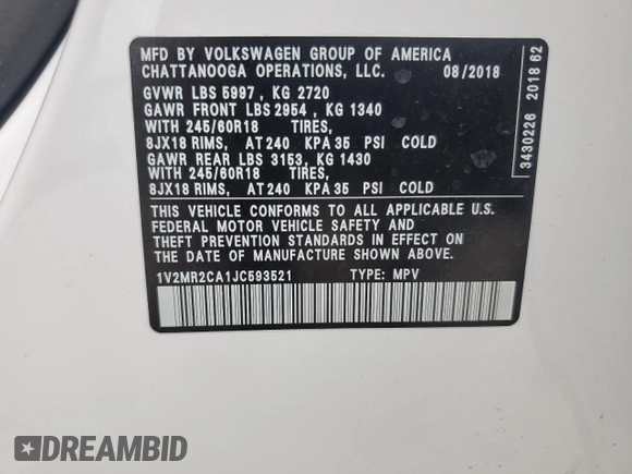 2018 Volkswagen Atlas SEL with VIN 1V2MR2CA1JC593521, listed as a Copart auction lot 63039695 with 30,856 mi miles and Salvage title. Bid and sale history available at DreamBid. Image 13.