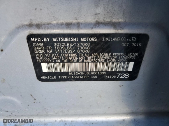 2020 Mitsubishi Mirage ES with VIN ML32A3HJ8LH001880, listed as a Copart auction lot 81267184 with 73,040 mi miles and Salvage Title. Bid and sale history available at carsss.com. Image 13.