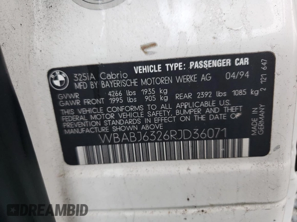 1994 BMW 3 Series 325iC with VIN WBABJ6326RJD36071, listed as a Copart auction lot 86887074 with 104,508 mi miles and Non Repairable. Bid and sale history available at carsss.com. Image 13.