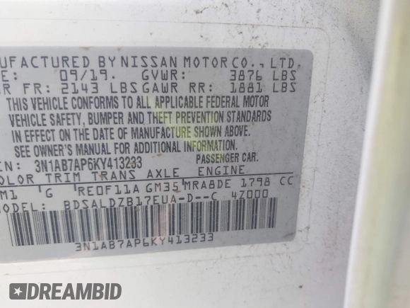 2019 Nissan Sentra S z VIN 3N1AB7AP6KY413233, wystawiony jako IAAI lot #42281572 z przebiegiem 111 297 mil mil oraz . Historia ofert i sprzedaży dostępna na DreamBid. Obrazek 9.