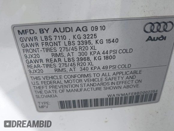 2011 Audi Q7 Prestige with VIN WA1VMAFE9BD002354, listed as a IAAI auction lot 42512776 with 149,246 mi miles and . Bid and sale history available at DreamBid. Image 9.