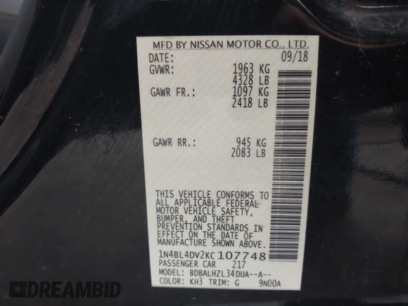 2019 Nissan Altima SV z VIN 1N4BL4DV2KC107748, wystawiony jako IAAI lot #41912040 z przebiegiem 157 226 mil mil oraz . Historia ofert i sprzedaży dostępna na DreamBid. Obrazek 9.