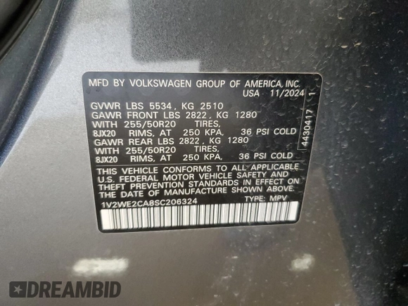 2025 Volkswagen Atlas SE with VIN 1V2WE2CA8SC206324, listed as a Copart auction lot 55507295 with 6,978 mi miles and Clean title. Bid and sale history available at DreamBid. Image 14.