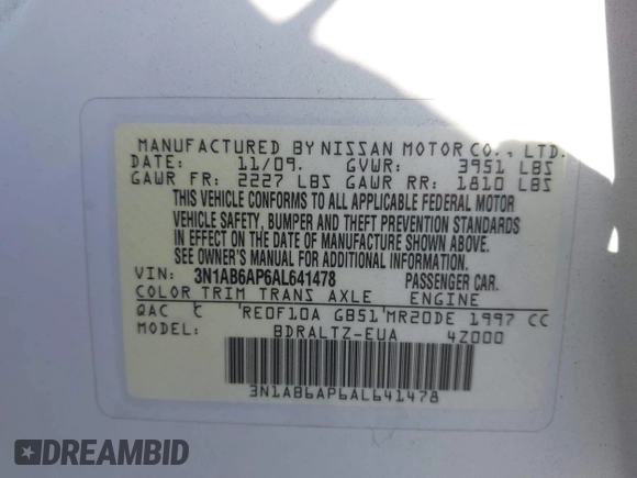2010 Nissan Sentra 2.0 with VIN 3N1AB6AP6AL641478, listed as a IAAI auction lot 42269996 with 194,523 mi miles and . Bid and sale history available at DreamBid. Image 9.