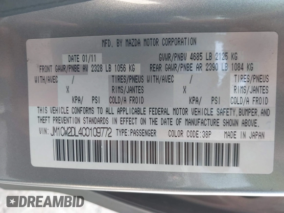 2012 Mazda 5 Grand Touring with VIN JM1CW2DL4C0109772, listed as a IAAI auction lot 42257667 with 161,207 mi miles and . Bid and sale history available at DreamBid. Image 9.