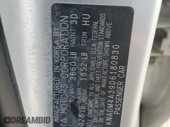2013 Kia Rio LX with VIN KNADM4A39D6180830, listed as a Copart auction lot 70021944 with 100,644 mi miles and Non Repairable. Bid and sale history available at DreamBid. Image 12.