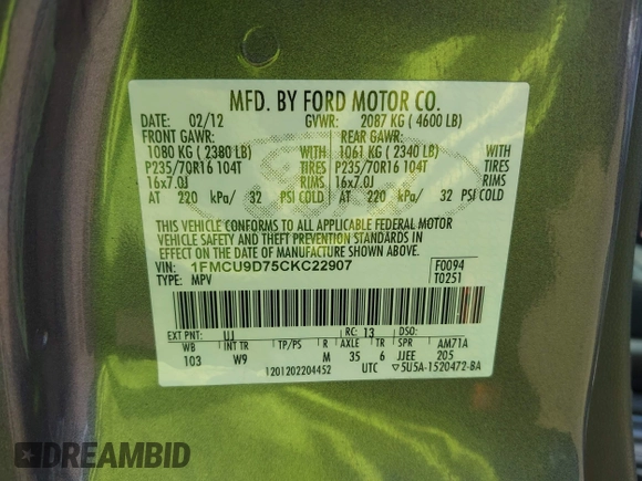 2012 Ford Escape XLT with VIN 1FMCU9D75CKC22907, listed as a IAAI auction lot 42571195 with 198,537 mi miles and . Bid and sale history available at DreamBid. Image 9.
