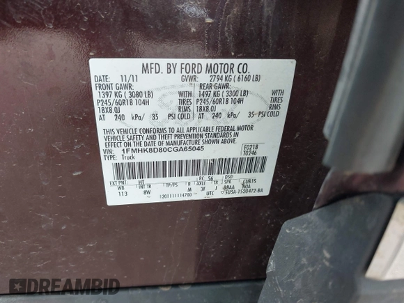 2012 Ford Explorer XLT with VIN 1FMHK8D80CGA65045, listed as a IAAI auction lot 41915577 with 130,749 mi miles and . Bid and sale history available at DreamBid. Image 9.