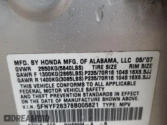 2008 Honda Pilot SE z VIN 5FNYF28378B005821, wystawiony jako Copart lot #49453655 z przebiegiem 200 804 mil mil oraz Szkoda całkowita • Salvage title. Historia ofert i sprzedaży dostępna na DreamBid. Obrazek 14.