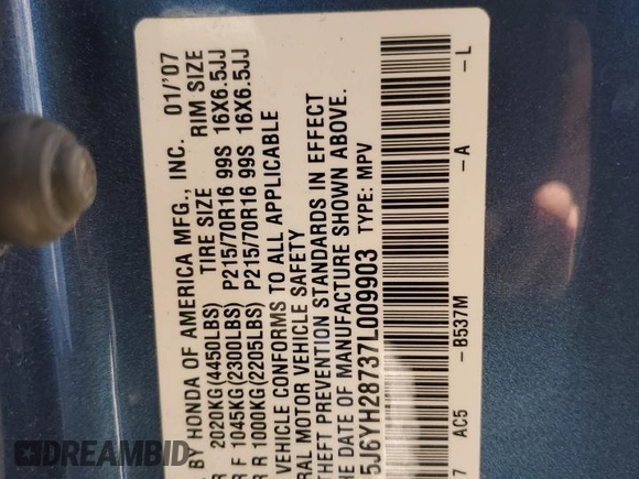 2007 Honda Element EX with VIN 5J6YH28737L009903, listed as a Copart auction lot 55149495 with 199,174 mi miles and Salvage Title. Bid and sale history available at DreamBid. Image 12.