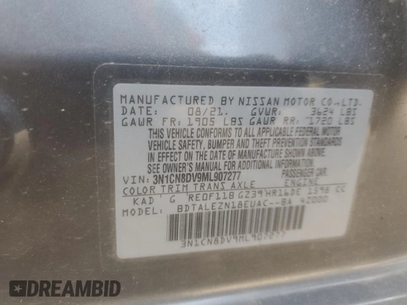 2021 Nissan Versa S with VIN 3N1CN8DV9ML907277, listed as a Copart auction lot 57128655 with Not provided miles and Salvage title. Bid and sale history available at DreamBid. Image 12.